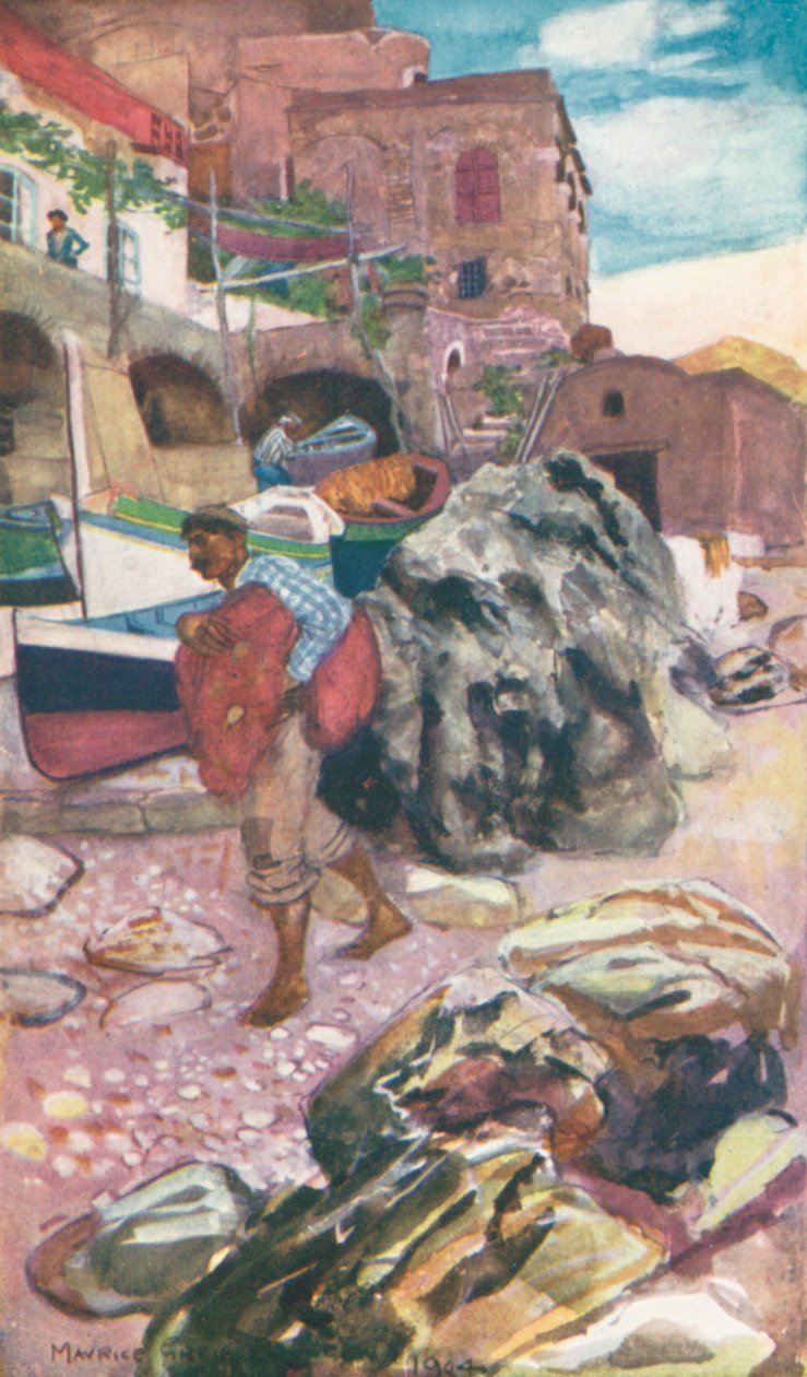 Na Piccola Marina, Capri (barevná litografie) od Maurice (after) Greiffenhagen