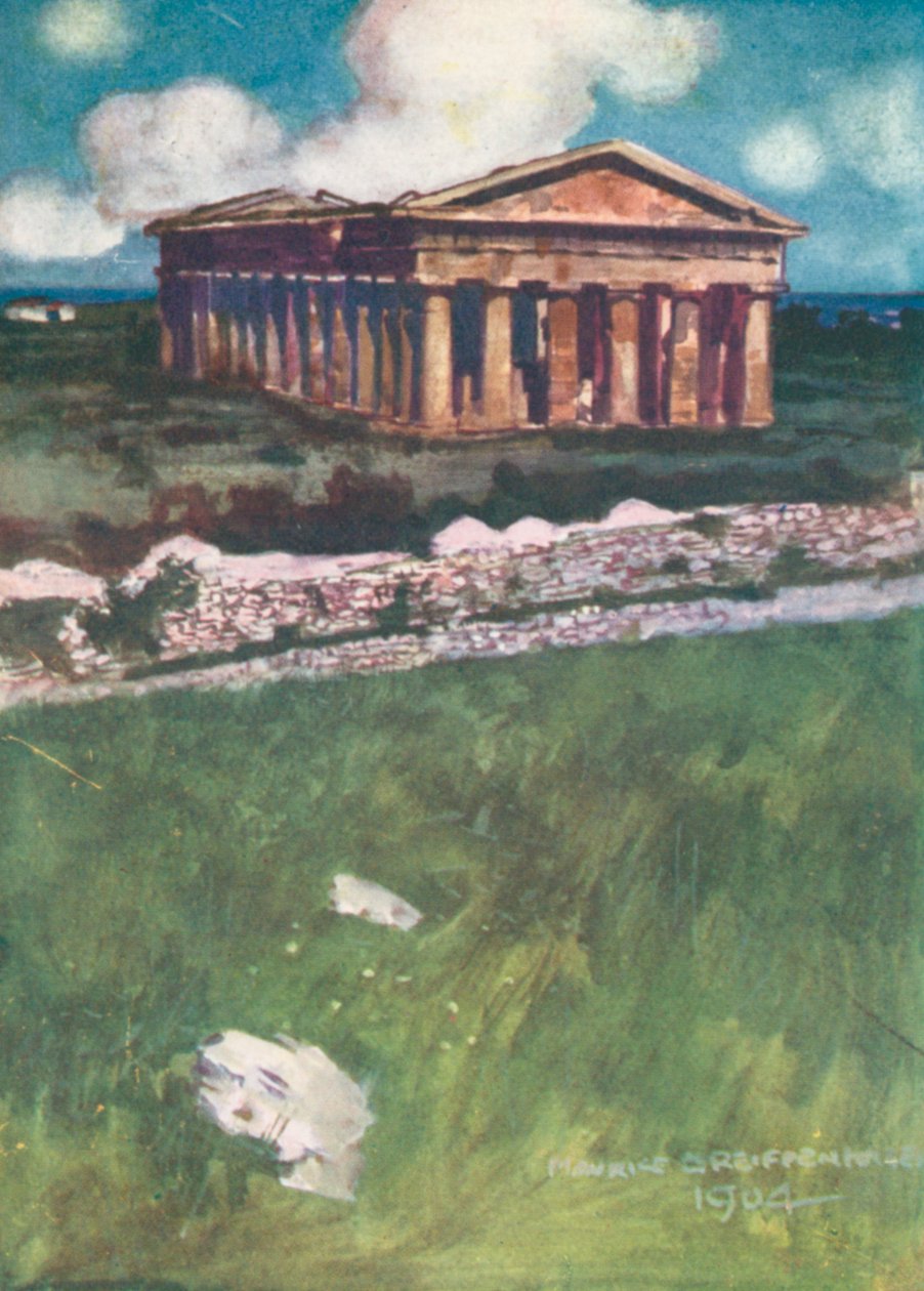 Neptunův chrám, Paestum (barevná litografie) od Maurice (after) Greiffenhagen