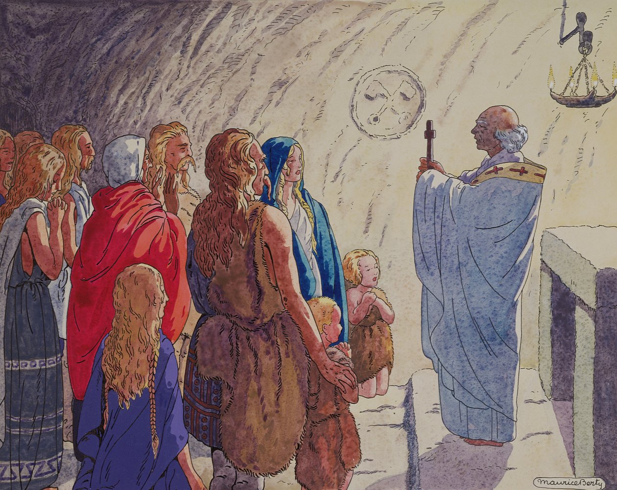 Náboženská konverze Galů, kolem 1920-29 (pero, inkoust a akvarel na papíře) od Maurice Berty