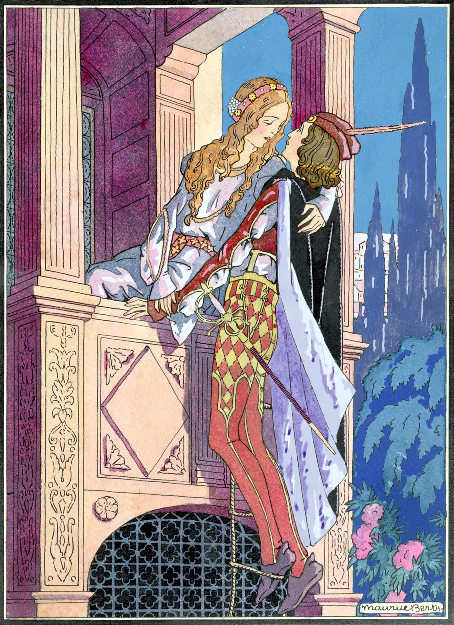 Romeo a Julie na balkónové scéně, kolem roku 1920 (barevné lito) od Maurice Berty