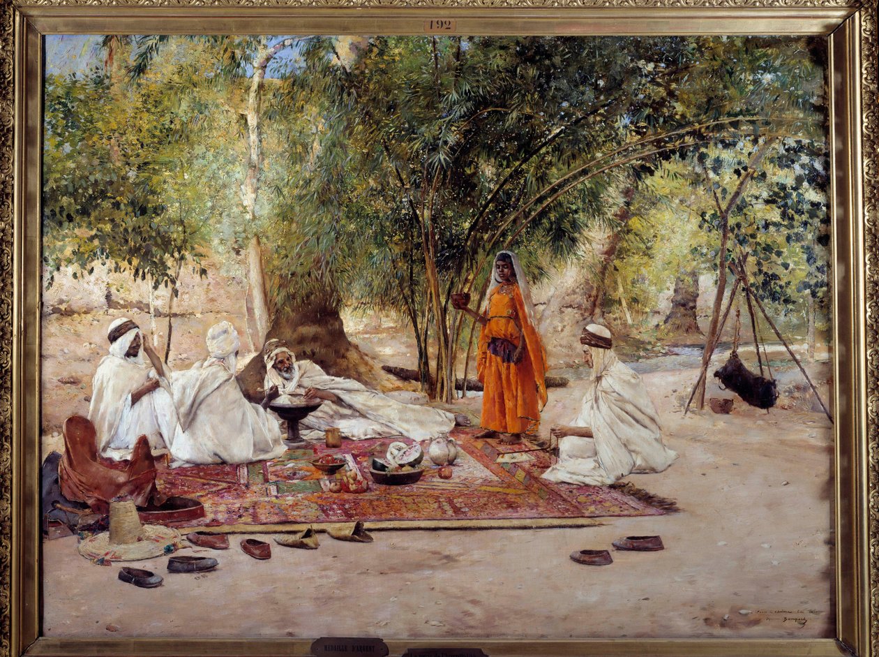 Orientalismus: “”jídlo pohostinnosti””” Scéna arabského života v oáze Chelma poblíž Biskry v Alžírsku. Obraz Maurice Bomparda (1857-1936) 1891 Marseille, Musee des Beaux Arts od Maurice Bompard