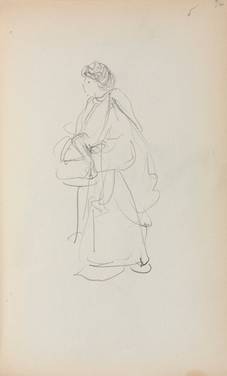Italský náčrtník: Stojící žena držící brašnu strana 56, 1898-1899. od Maurice Brazil Prendergast