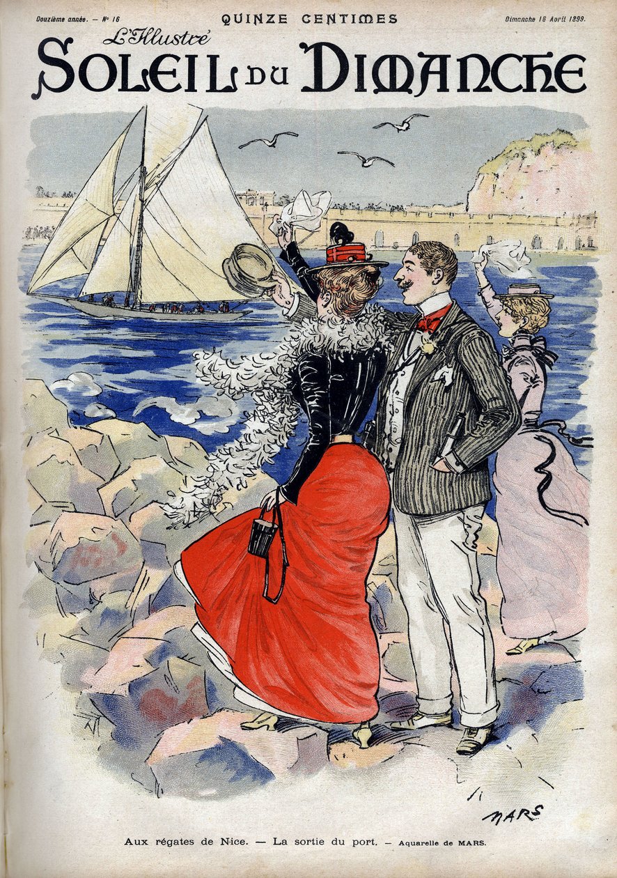 U regate z Nice, výjezd z přístavu. Z akvarelu Mars. Rytina v „“Le sun-du-dimanche“, 18. dubna od Maurice Charles Mathieu Bonvoisin