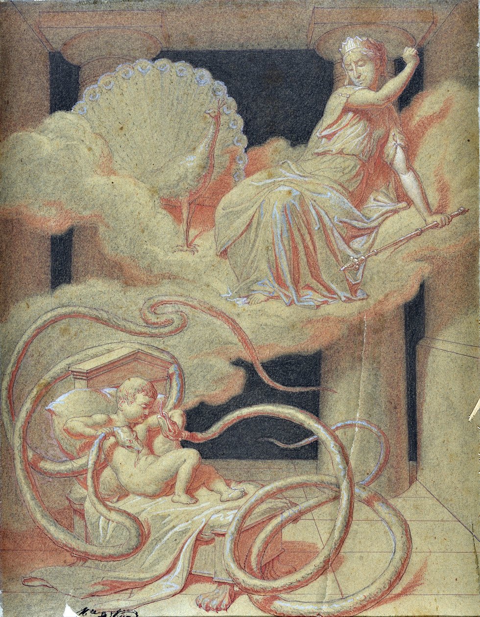 Herkulovo dítě zabíjející hady, které Hera poslala, aby ho zabili v jeho kolébce (kresba) od Maurice De Vaines