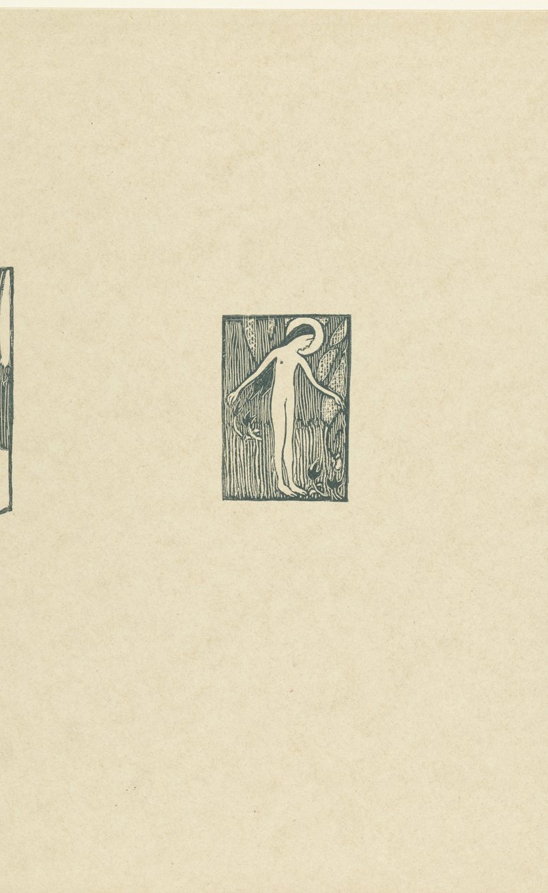 Ilustrace s nahou světicí stojící u stromu poblíž básně ve sbírce básní Paula Verlaina Petit bois pour Sagesse L