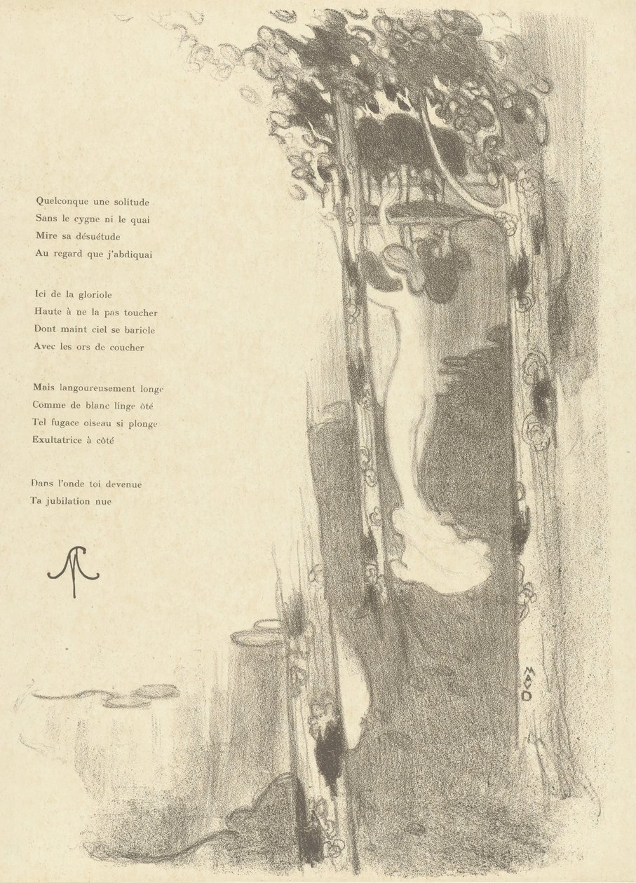 Ilustrace s nahou ženou stojící mezi stromy u jezera s básní Petit Air od Stéphana Mallarmého Ilustrace pro sonet Petit Air de Stéphane Mallarmé L