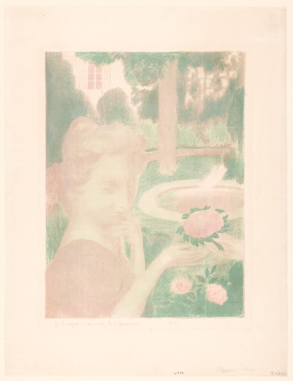 Mladá žena dostává kytici v zahradě Le bouquet matinal, les larmes... (název na objektu) Reprezentace lásky (název série) Amour (název série) od Maurice Denis