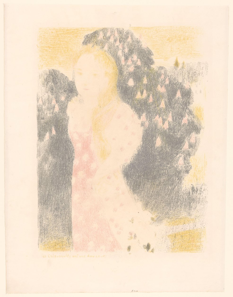 Dívka před kvetoucím keřem Les crépuscules ont une douceur (název na objektu) Reprezentace lásky (název seriálu) Amour (název série) od Maurice Denis