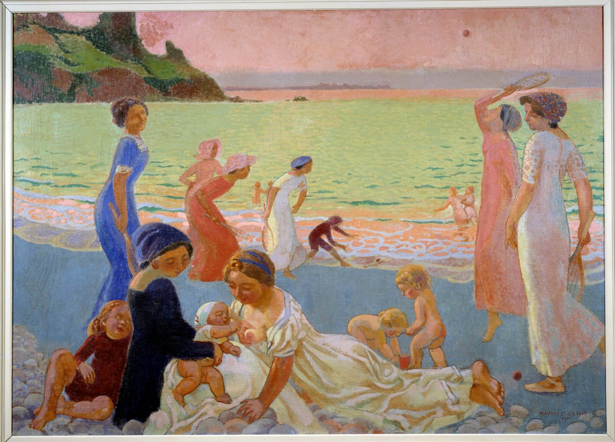 Zářijový večer Mladé ženy a děti na konci dne na pláži, matka kojí, ostatní hrají na sněžnicích, 1911 (olej na plátně) od Maurice Denis