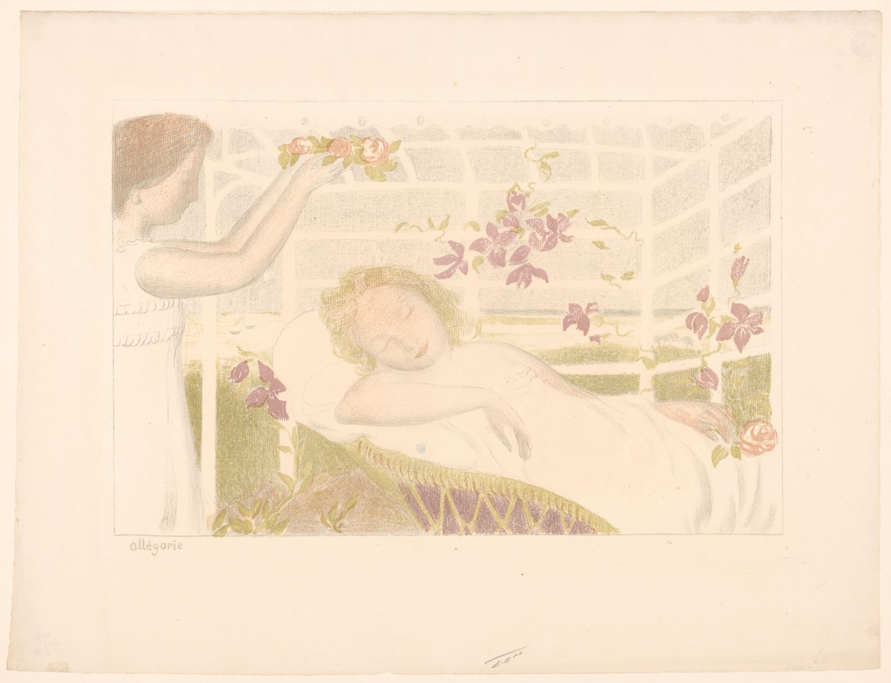 Spící dívka dostane květinový věnec Alegorie (název na předmětu) Reprezentace lásky (název seriálu) Amour (název série) od Maurice Denis