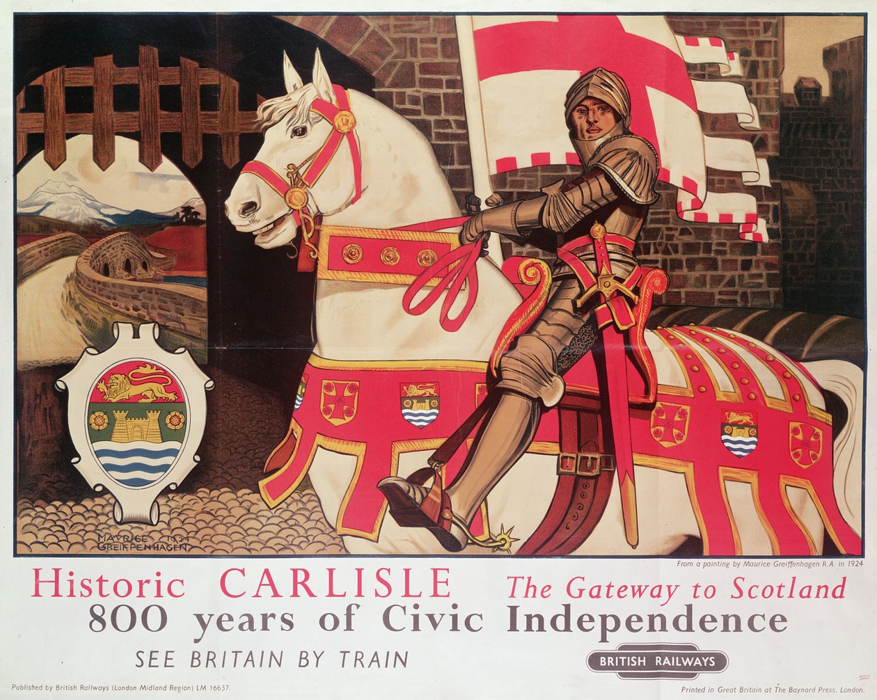 Reklamní plakát britské železnice „Historic Carlisle, Gateway to Scotland“, 1924 od Maurice Greiffenhagen