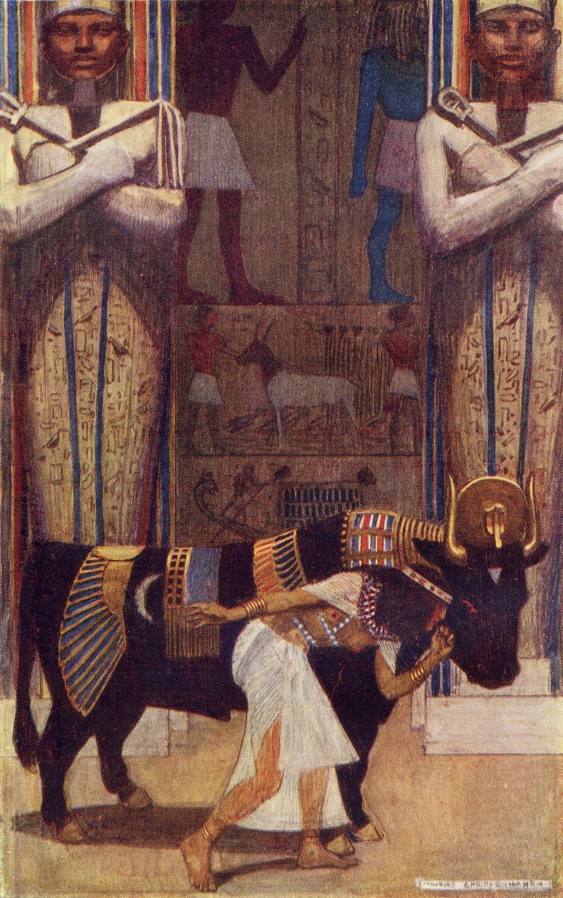 Dívčí manželka a Baťův býk z pohádky O rolníkovi, který se stal králem, ilustrace k „Egyptskému mýtu a legendě“ od Donalda A. Mackenzieho, vydané v roce 1907 od Maurice Greiffenhagen