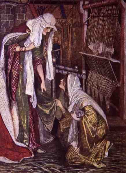 „K překvapení paní z Ivanhoe, její návštěvník poklekl na jedno koleno“, ilustrace z „Ivanhoe pro chlapce a dívky“, převyprávěná Alice Jackson, hospoda. 1924 (litho) od Maurice Greiffenhagen