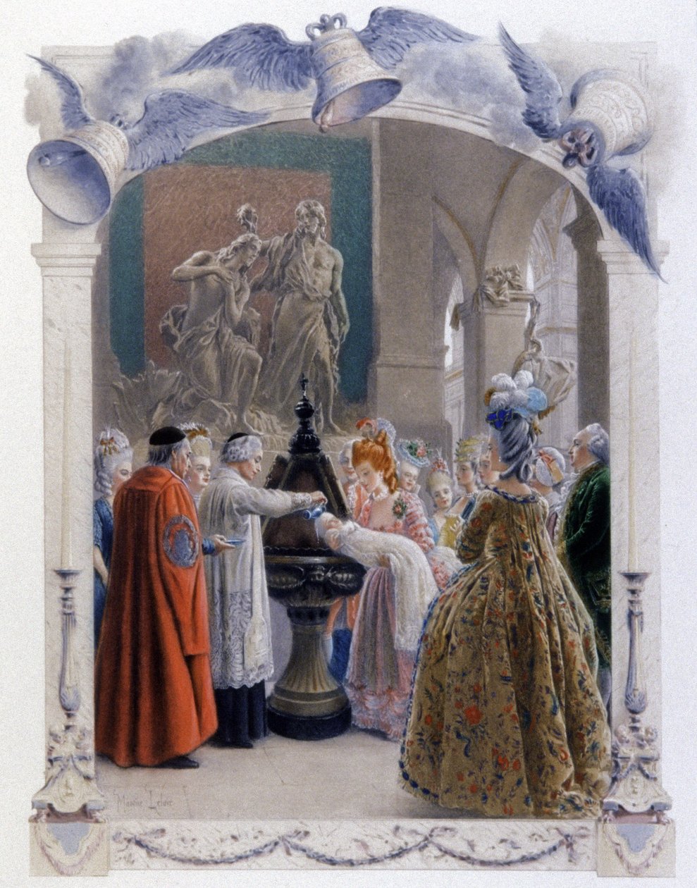 Scéna šlechtického křtu z 18. století, kolem roku 1900 (ilustrace) od Maurice Leloir