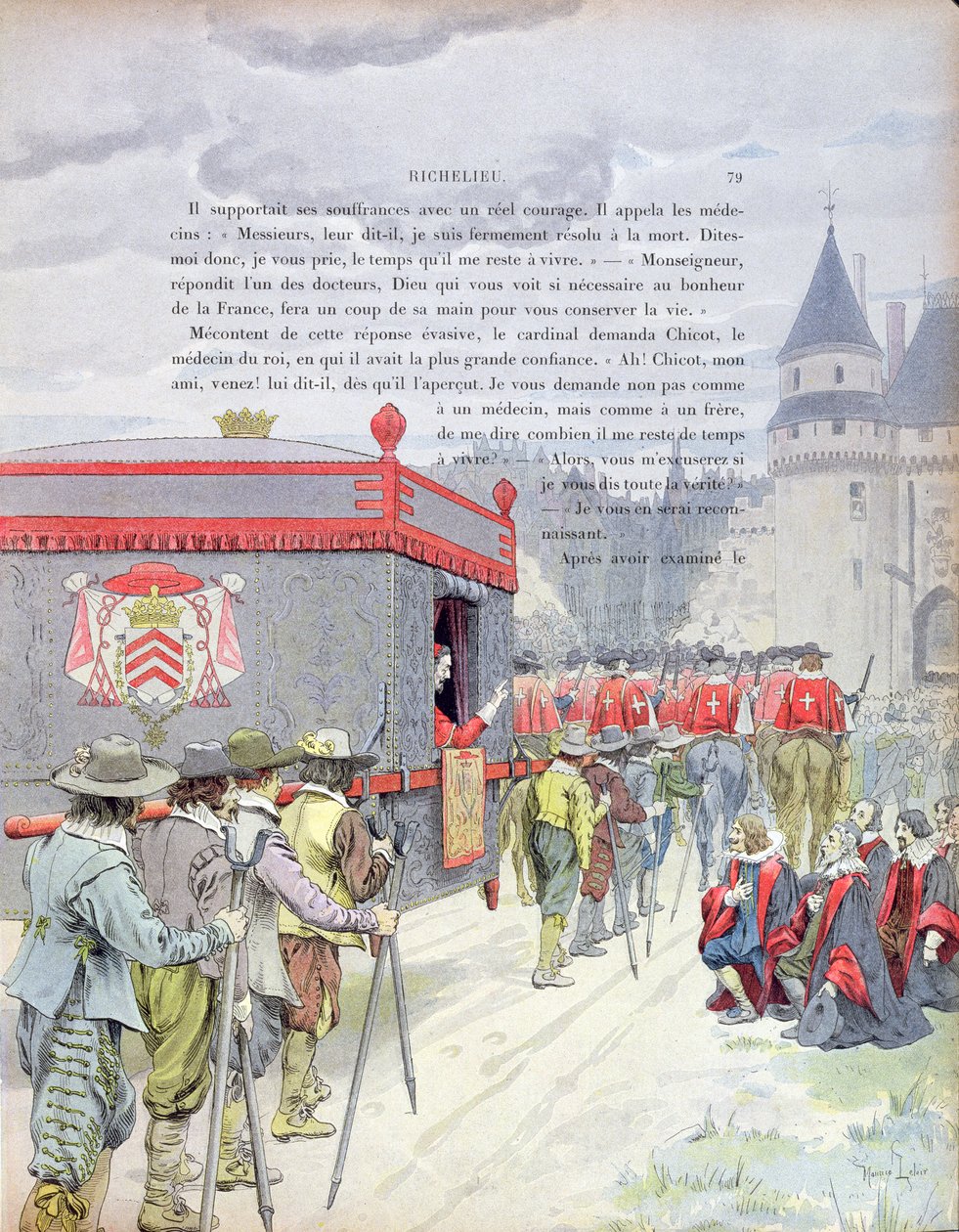 Armand-Jean du Plessis, kardinál Richelieu (1585-1642) cestující v nosítku, když starý muž, ilustrace ze života Richelieu od Theodora Camu, 1910 od Maurice Leloir