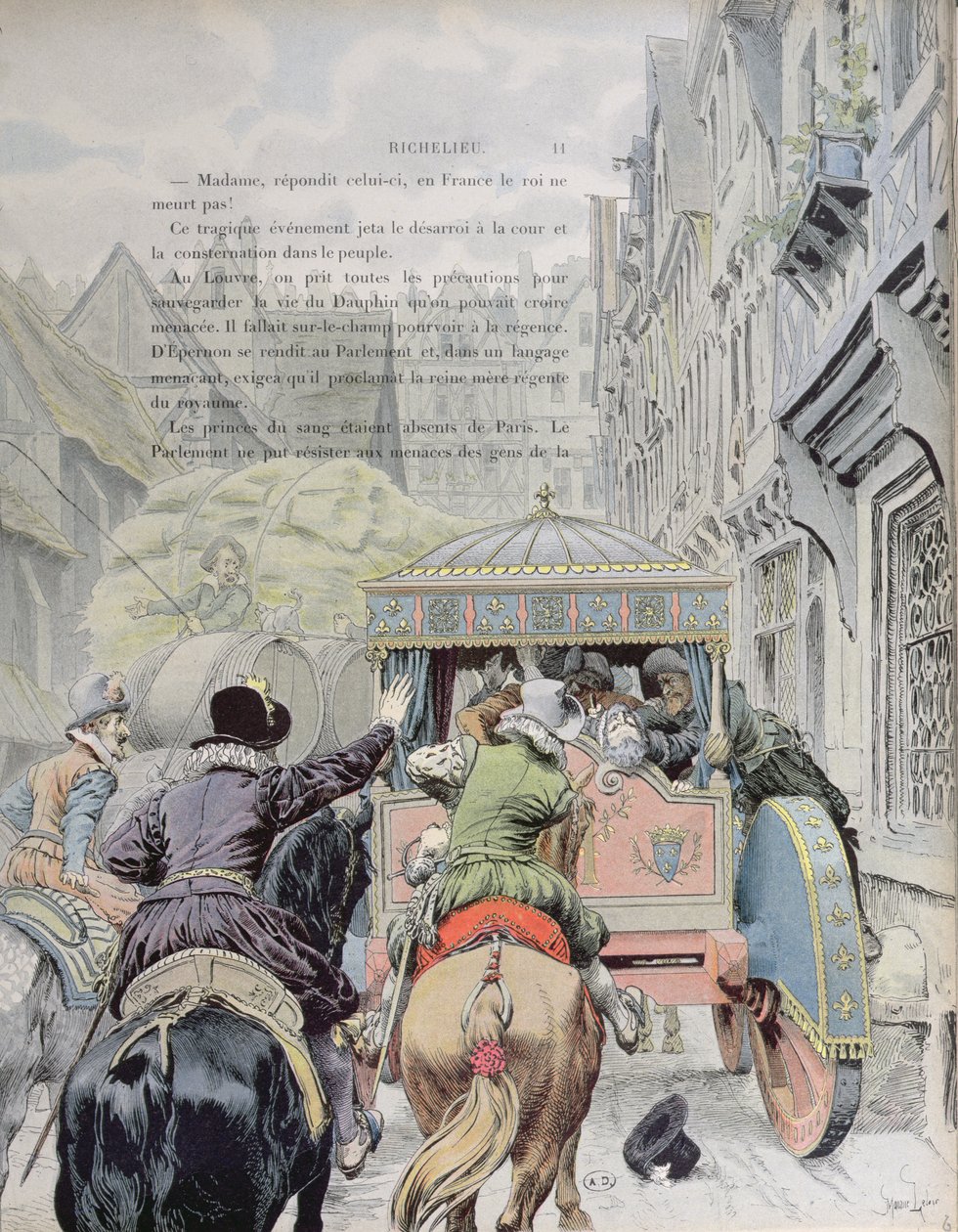 Zavraždění Henriho IV Francoisem Ravaillacem v rue de la Ferronerie dne 14. května 1610, kolem roku 1900 od Maurice Leloir