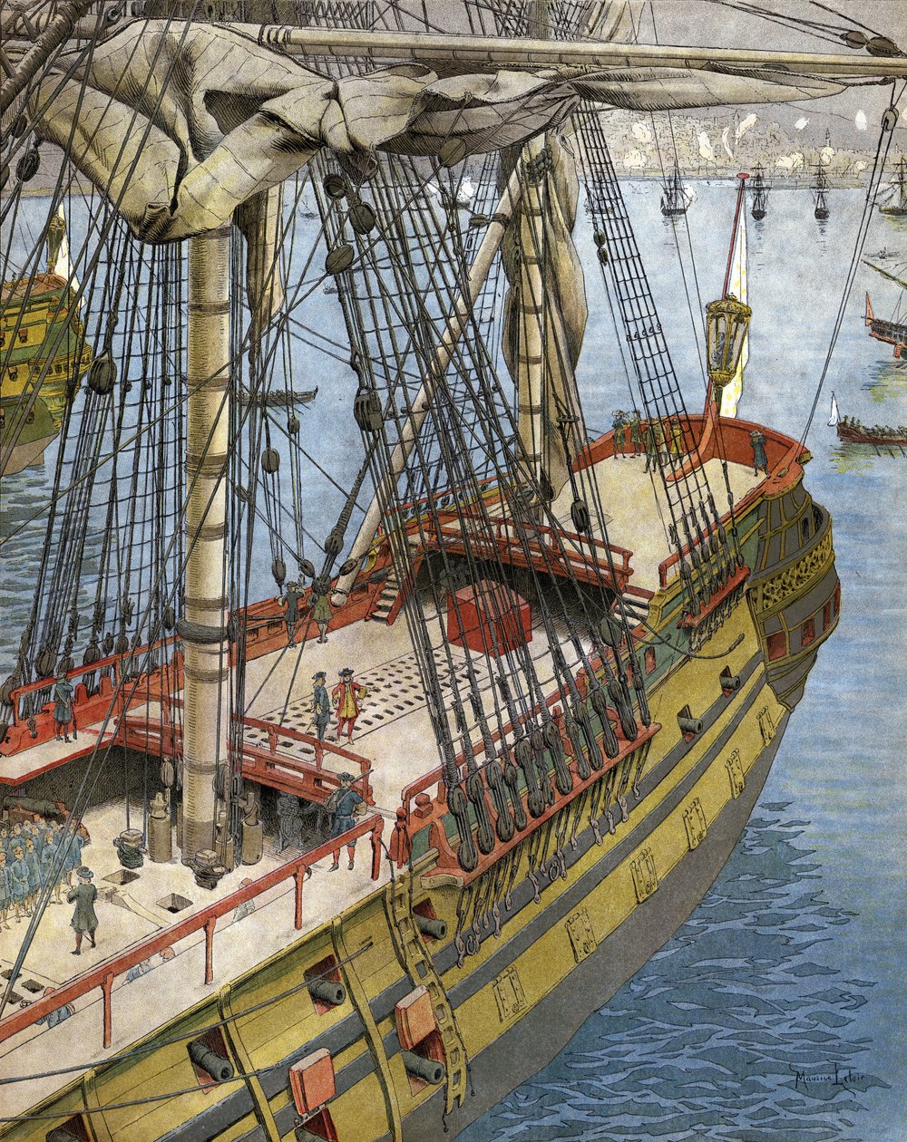 Bombardování a požár města Alžíru v roce 1682: Abraham Marquis Duquesne (mezi 1604 a 1610-88), důstojník francouzského námořnictva, kouká ze své lodi na účinek, jaký vyvolaly bomby galiotes. Chromotypografie v „“Le Roy Soleil““ (Louis XIV) od Gu od Maurice Leloir
