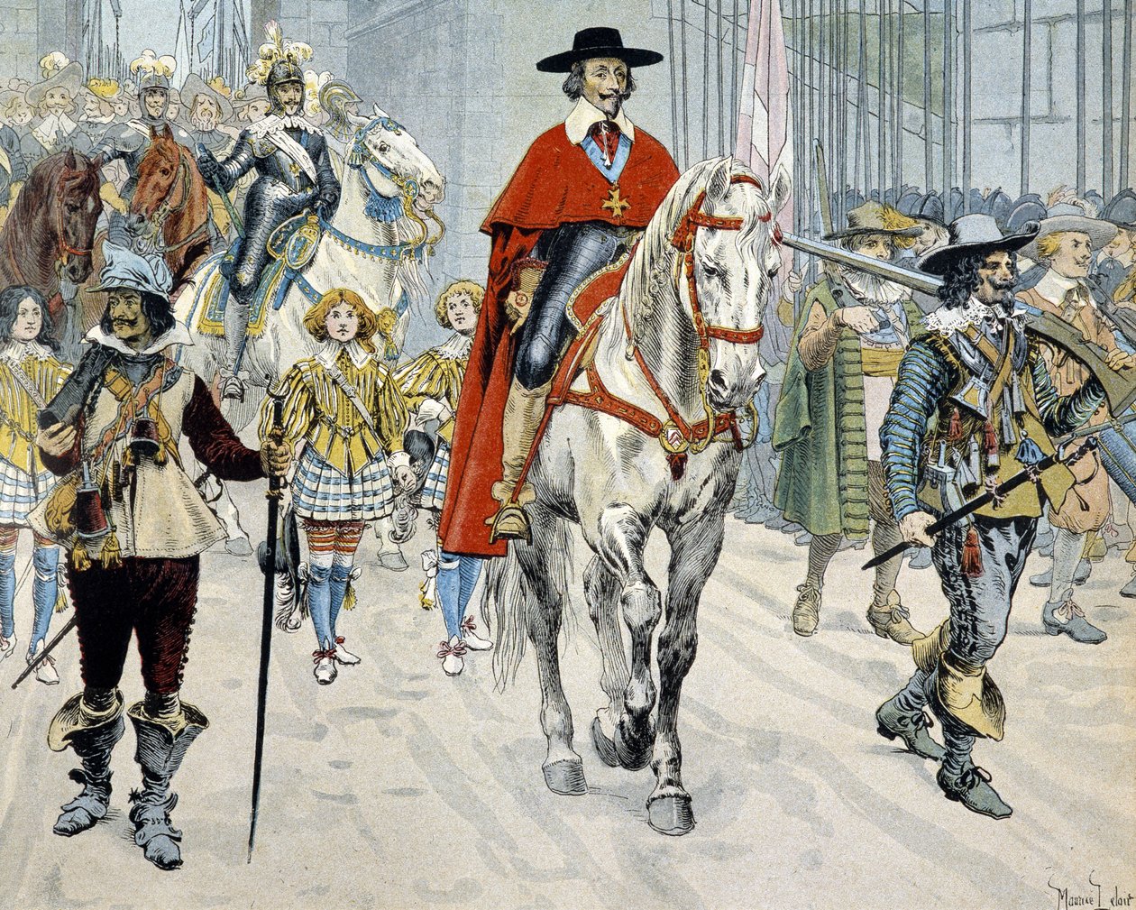 Kardinál Richelieu na koni v ulicích Paříže od Maurice Leloir