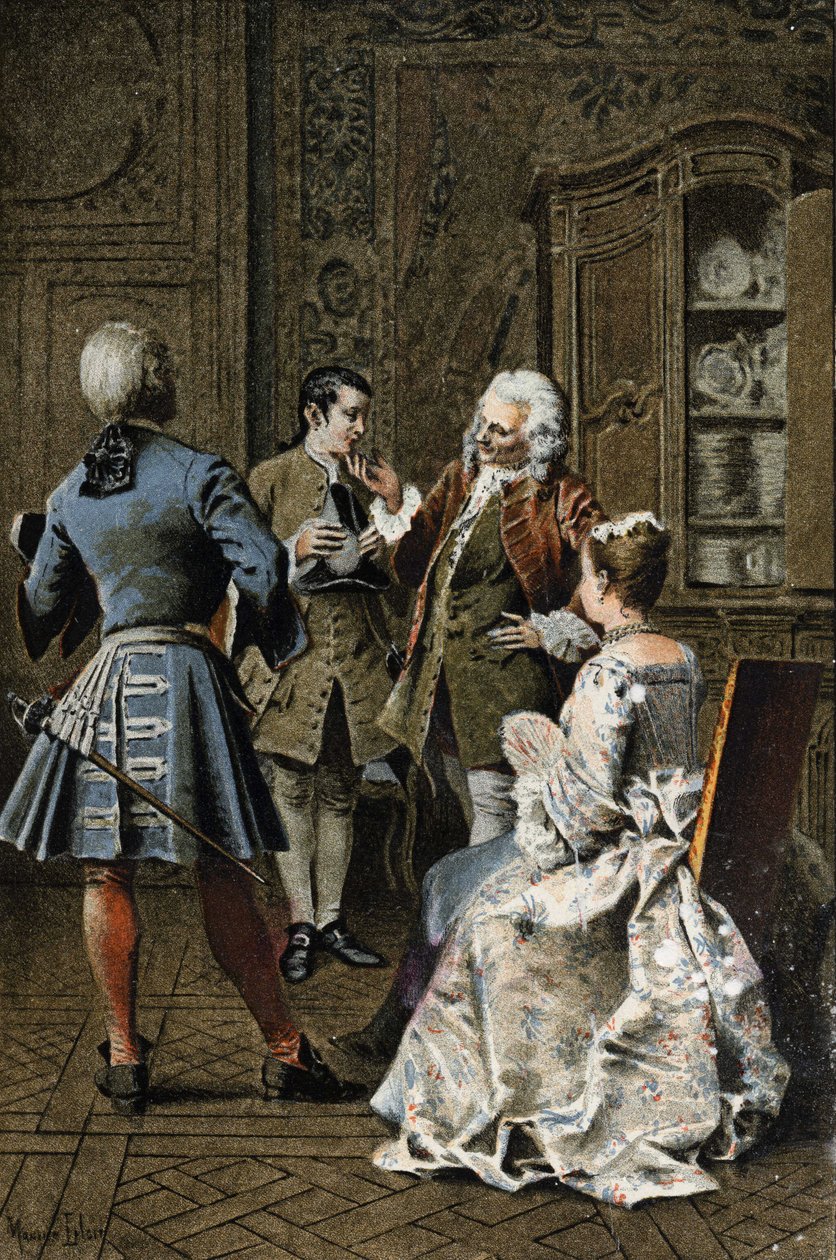 Chez monsieur de G. M. - v „Historie Manon Lescaut a rytíře Des Grieux“ od L’abbe Prevost (1697-1763), francouzského spisovatele. Rytina podle kreseb Maurice Leloira (1885). od Maurice Leloir