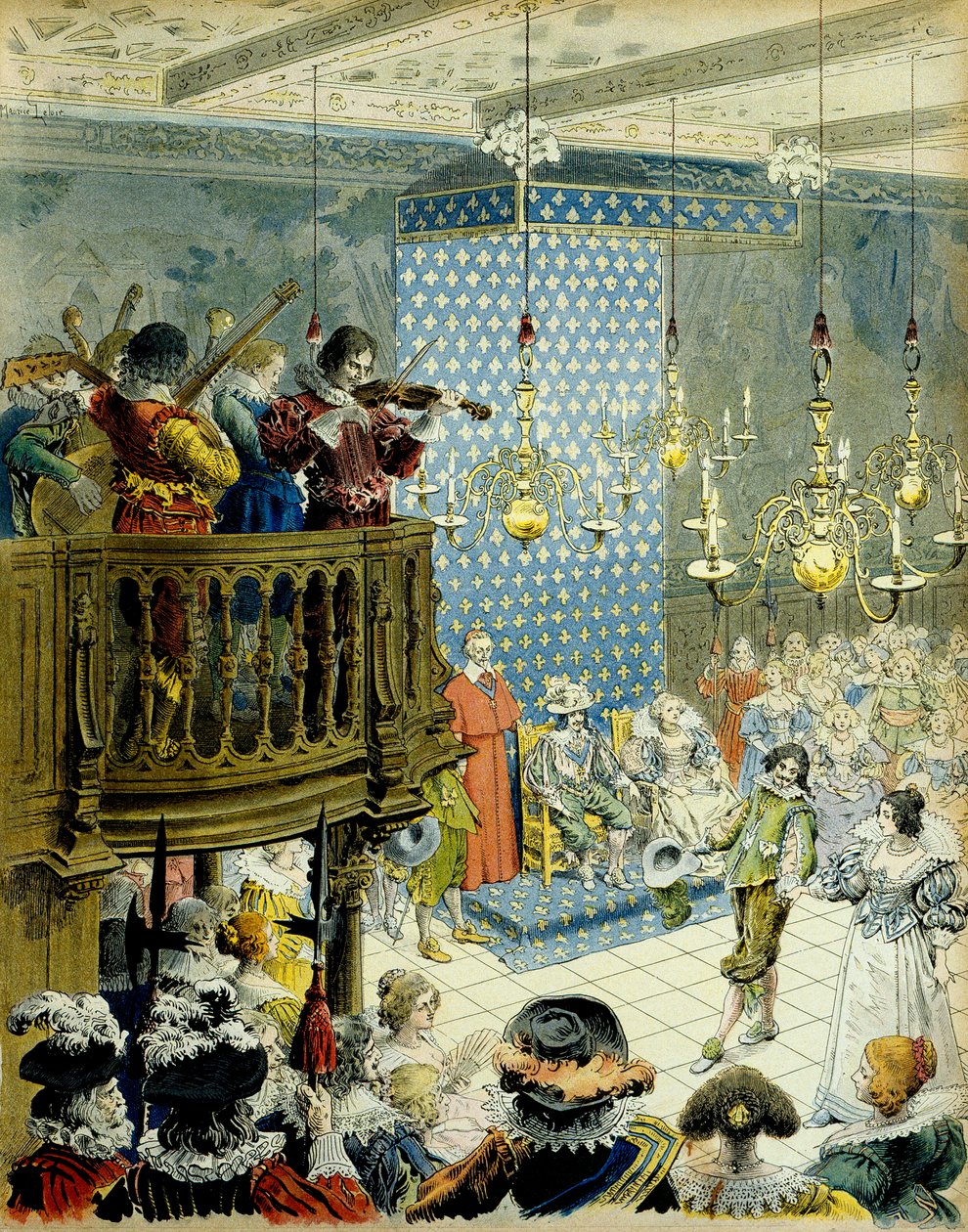 Historie Francie: Ples na dvoře krále Ludvíka XIII (1601-1643) s královnou Marií de Medicis (1575-1642) a kardinálem Richelieu (Armand Jean du Plessis od Maurice Leloir