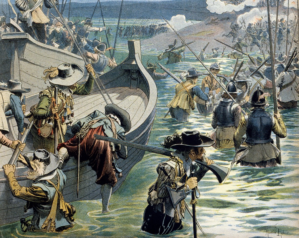 Historie Francie: Pomoc vyslaná obráncům ostrova Re kardinálem Richelieu (Armand Jean du Plessis od Maurice Leloir