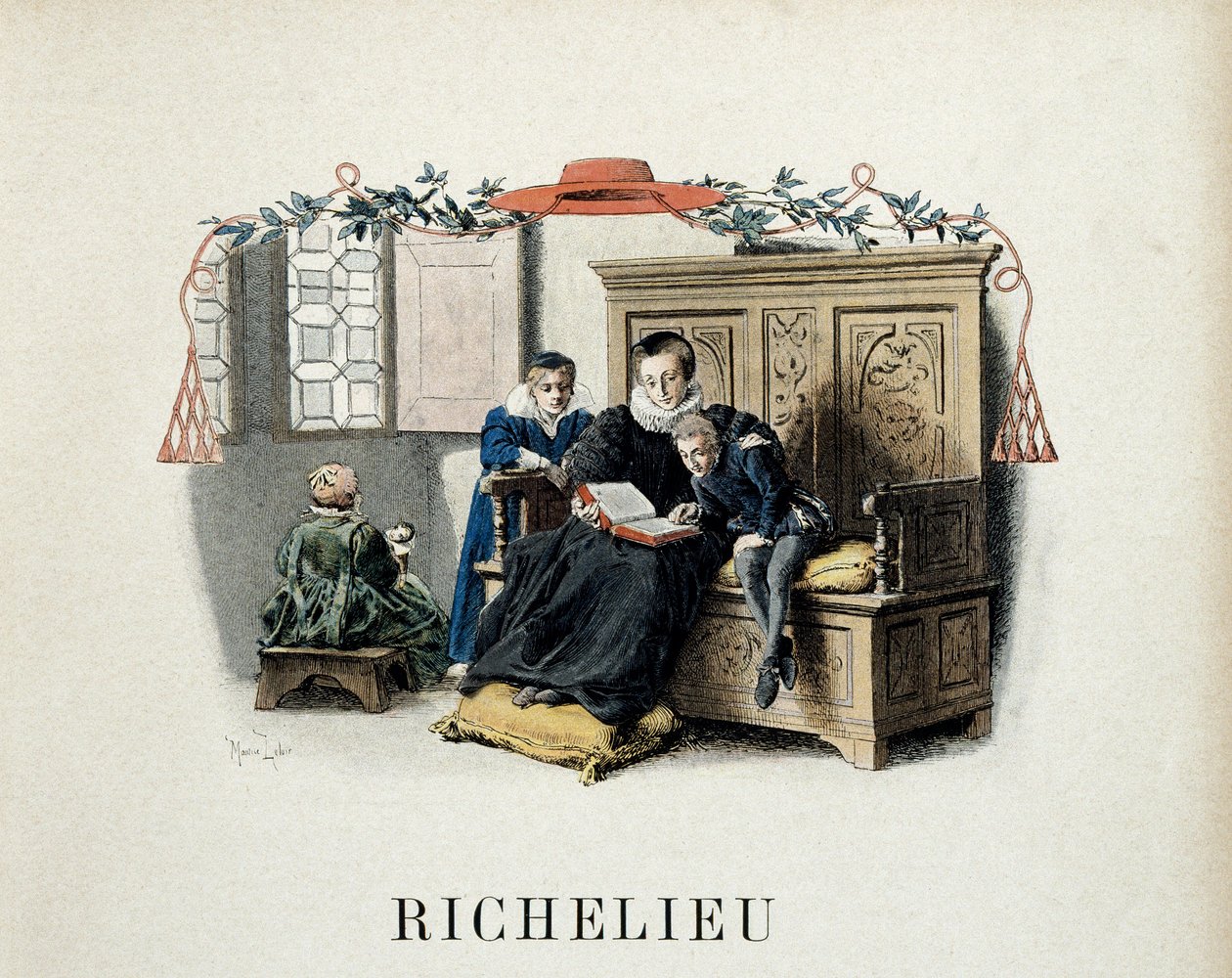 Historie Francie: Matka Armanda Jeana du Plessise, která se stala kardinálem Richelieu (1585-1642) a poté ministrem Ludvíka XIII., vede jeho první čtení. Ilustrace Maurice Leloir (1853-1940) v „“ Richelieu““ od Theodora Cahu od Maurice Leloir