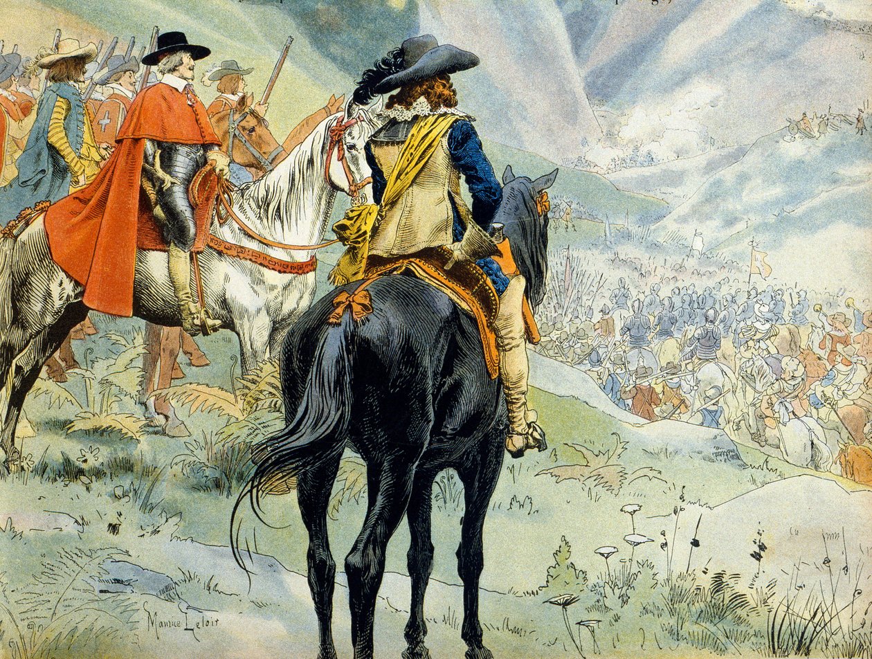 Historie Francie: Válka o dědictví Mantovy (1628-1631) během třicetileté války. Bitva u Pas de Suze (Susa) zastupující krále Ludvíka XIII. (1601-1643) a kardinála Richelieu (Armand Jean du Plessis) od Maurice Leloir