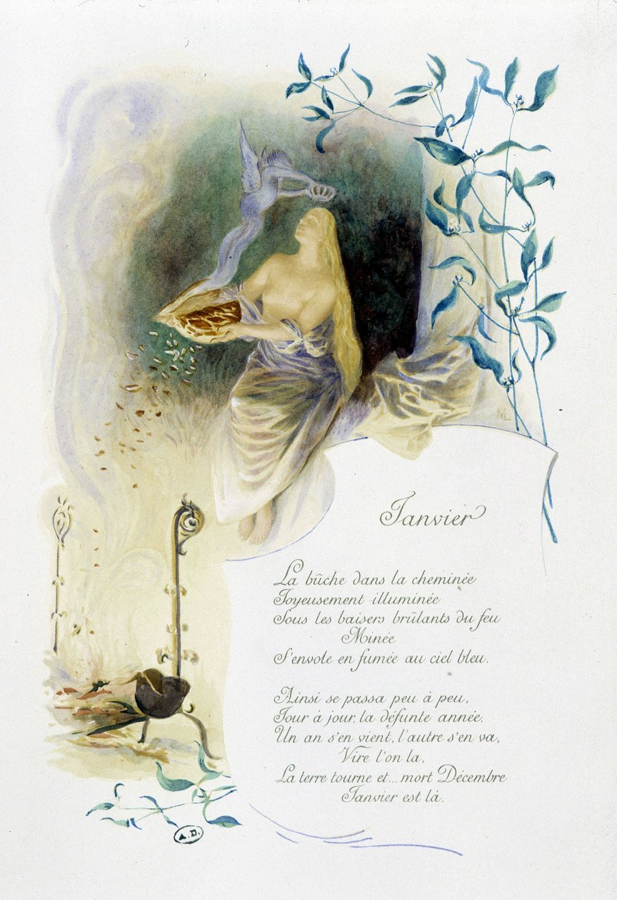 Leden “” Píseň měsíce”” od Jérôme Doucet, ilustrace - Maurice Leloir, ed. Remeš 1904. L. Michaud od Maurice Leloir