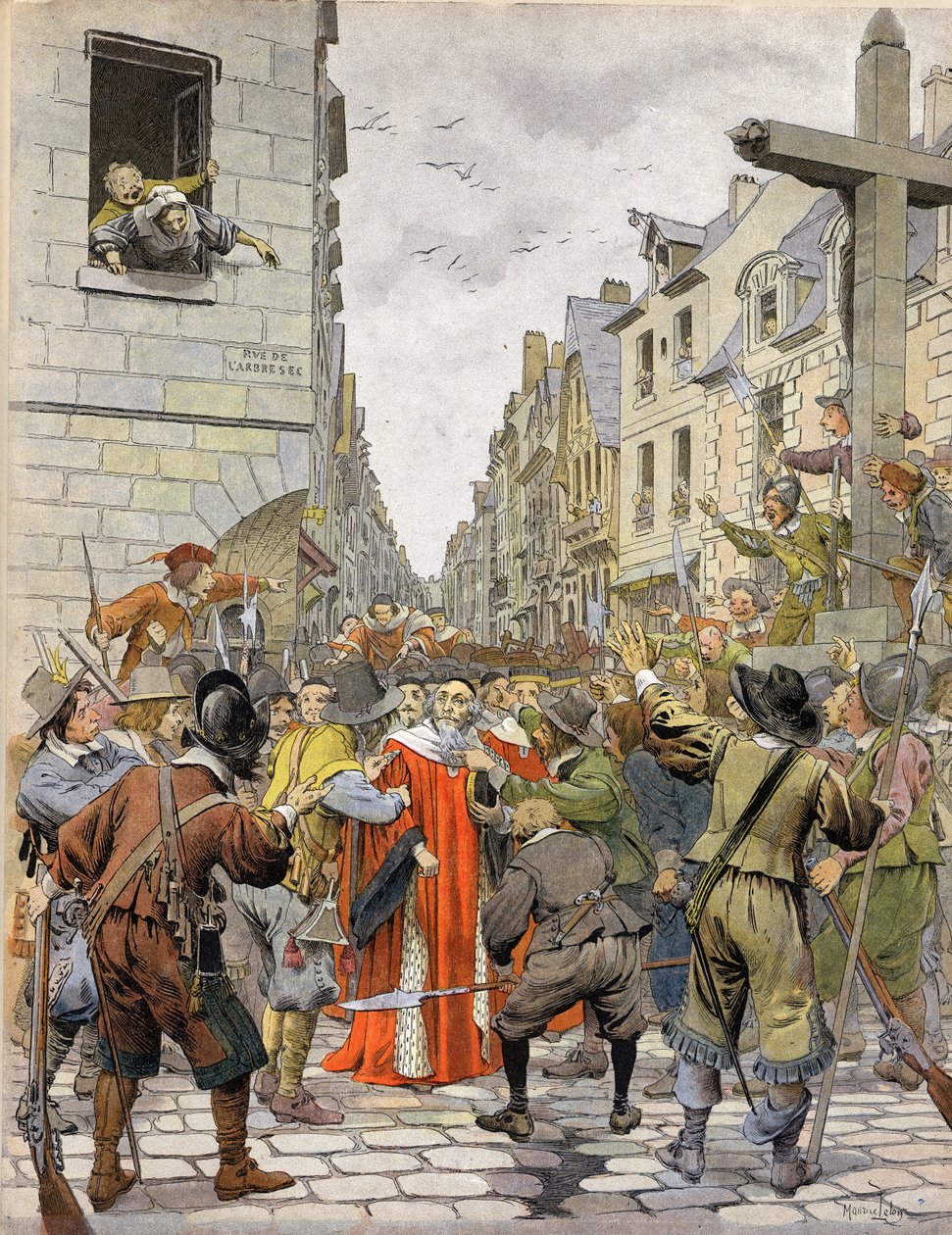 La Fronde: Journees des Barricades (srpen 1648): U kříže Trahoir (na rohu ulic Saint Honore (Saint-Honore) a Dry Arbre v Paříži) dav požaduje, aby Mathieu Mole (1584-1656), první předseda parlamentu, jděte do Palais R od Maurice Leloir