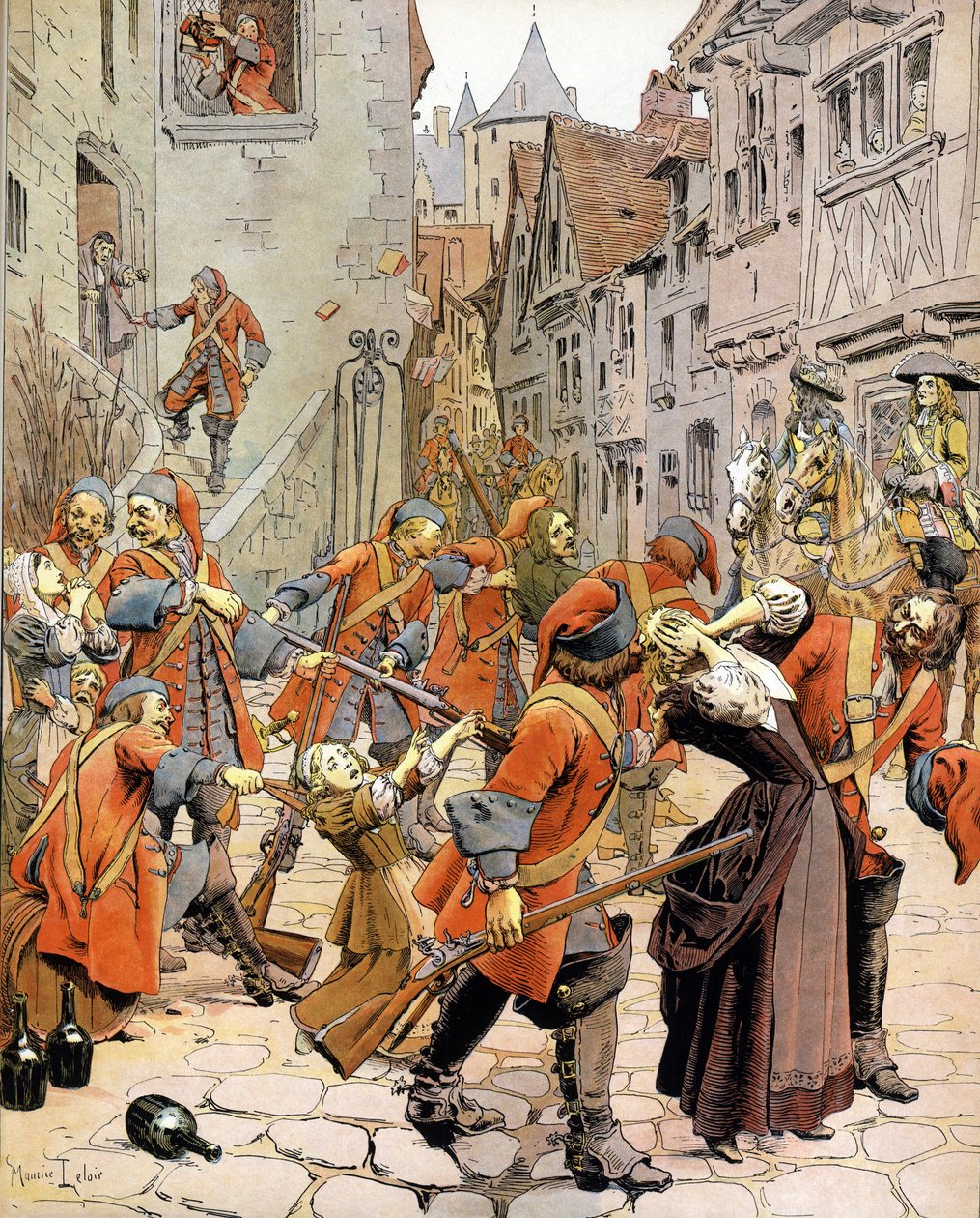 Les Dragonnades (1681-1685): rozprášení protestantské rodiny vojsky draků pověřených konvertováním protestantů. Chromotypografie v „“Le Roy Soleil““ (Louis XIV) Gustave Toutwelve, ilustrace Maurice Leloir (1853-1940) od Maurice Leloir