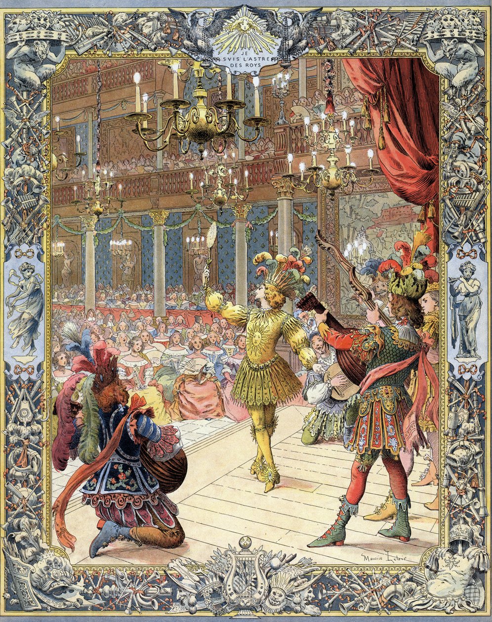 Ludvík XIV., účastník „Ballet de la Nuit“, libreto Isaaca de Benserade (1612-1691), ve slunečním obleku ve velkém sále Little Bourbon (Petite Bourbon) v Paříži, 23. února od Maurice Leloir