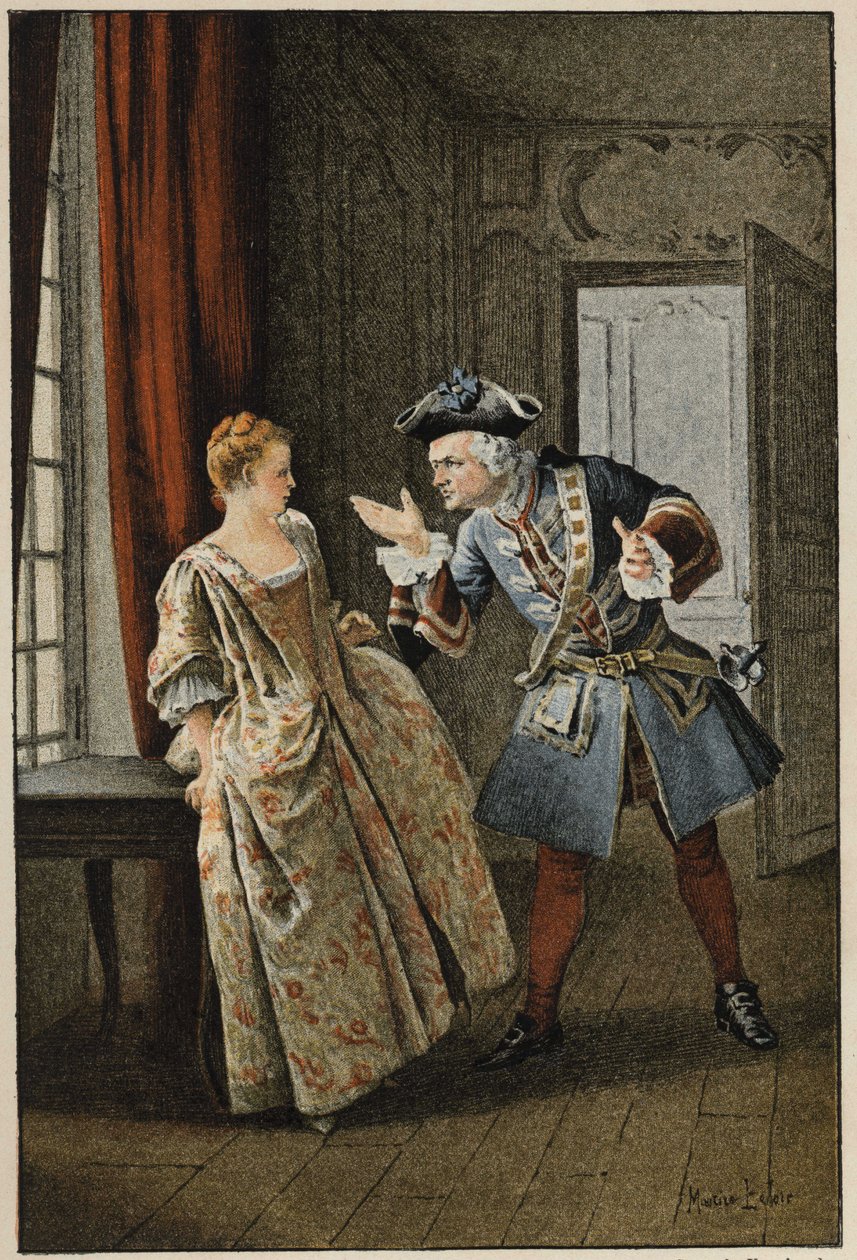 Manon a její bratr - v „Historie Manon Lescaut a rytíře Des Grieux“ od abbého Prevosta (1697-1763), francouzského spisovatele. Rytina podle kreseb Maurice Leloira (1885). od Maurice Leloir