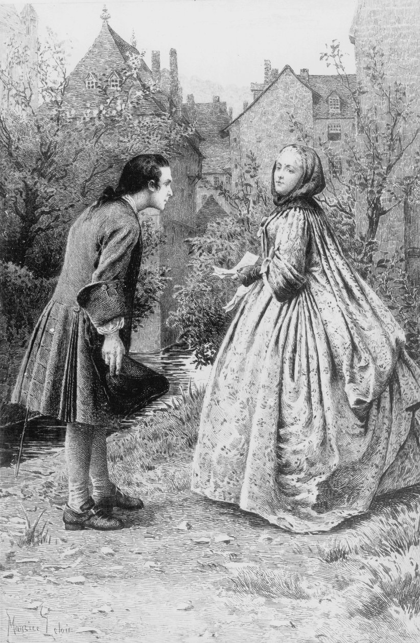 Setkání mladého Jean-Jacquese Rousseaua a budoucí blízké přítelkyně Madame de Warens, 21. března 1728 (rytina) od Maurice Leloir