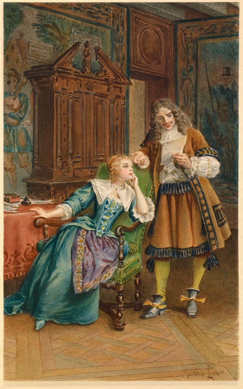 Moliere čte Armandě Bejartové novou hru (ilustrace) od Maurice Leloir