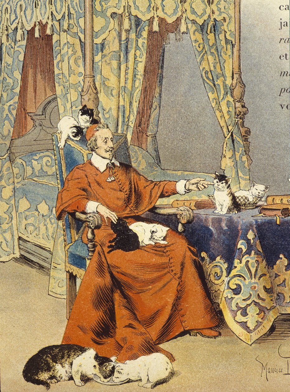 Kardinál si hraje se svými kočkami, které obzvlášť miloval – v „“Richelieu”” od Maurice Leloira, deb. 20. století od Maurice Leloir