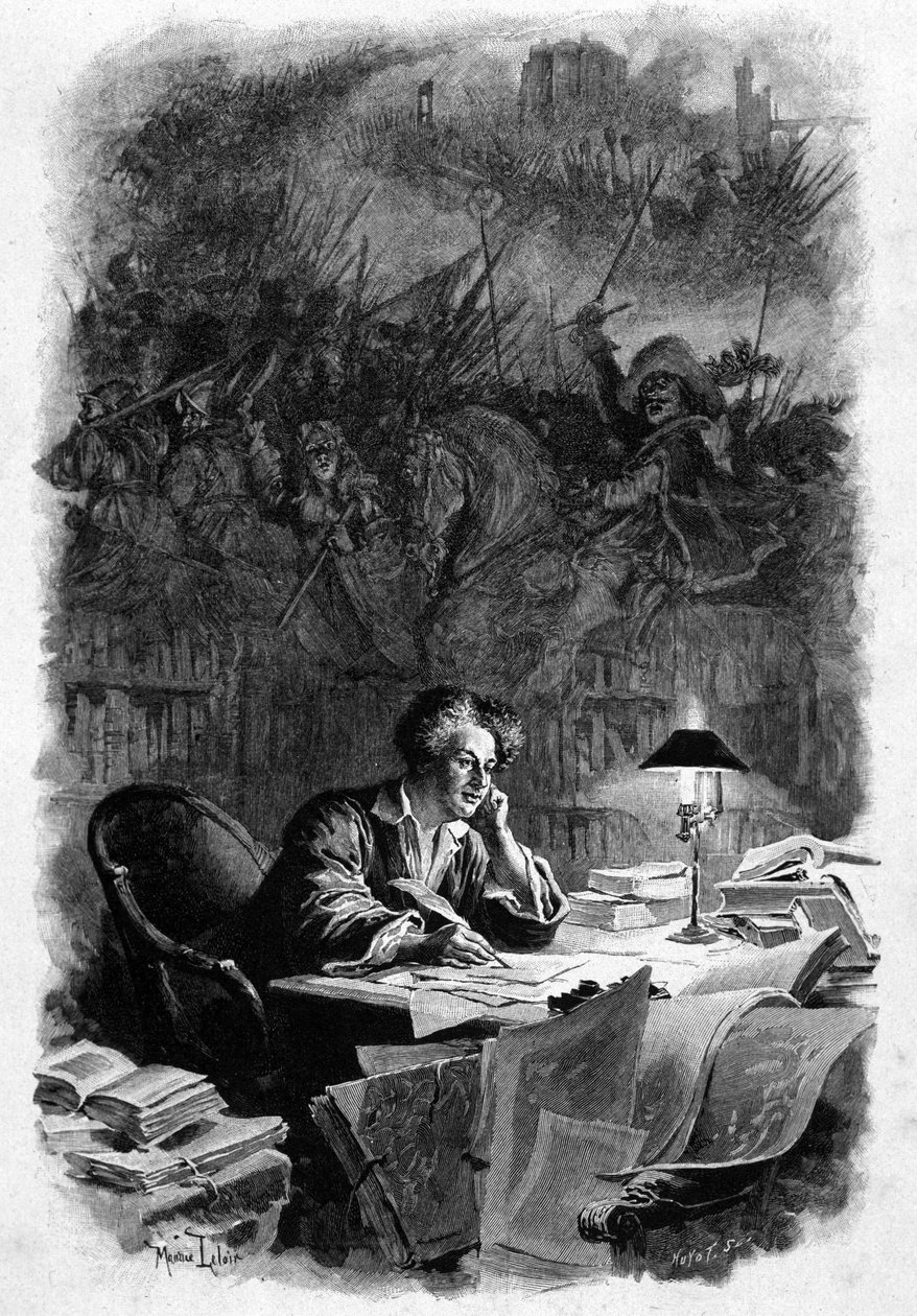 Francouzský spisovatel Alexandre Dumas (1802-1870) měl počátkem 40. let 19. století svou kancelář psaní „Tři mušketýři“. Ilustrace Maurice Leloir (1851-1940). Práva vyhrazena od Maurice Leloir