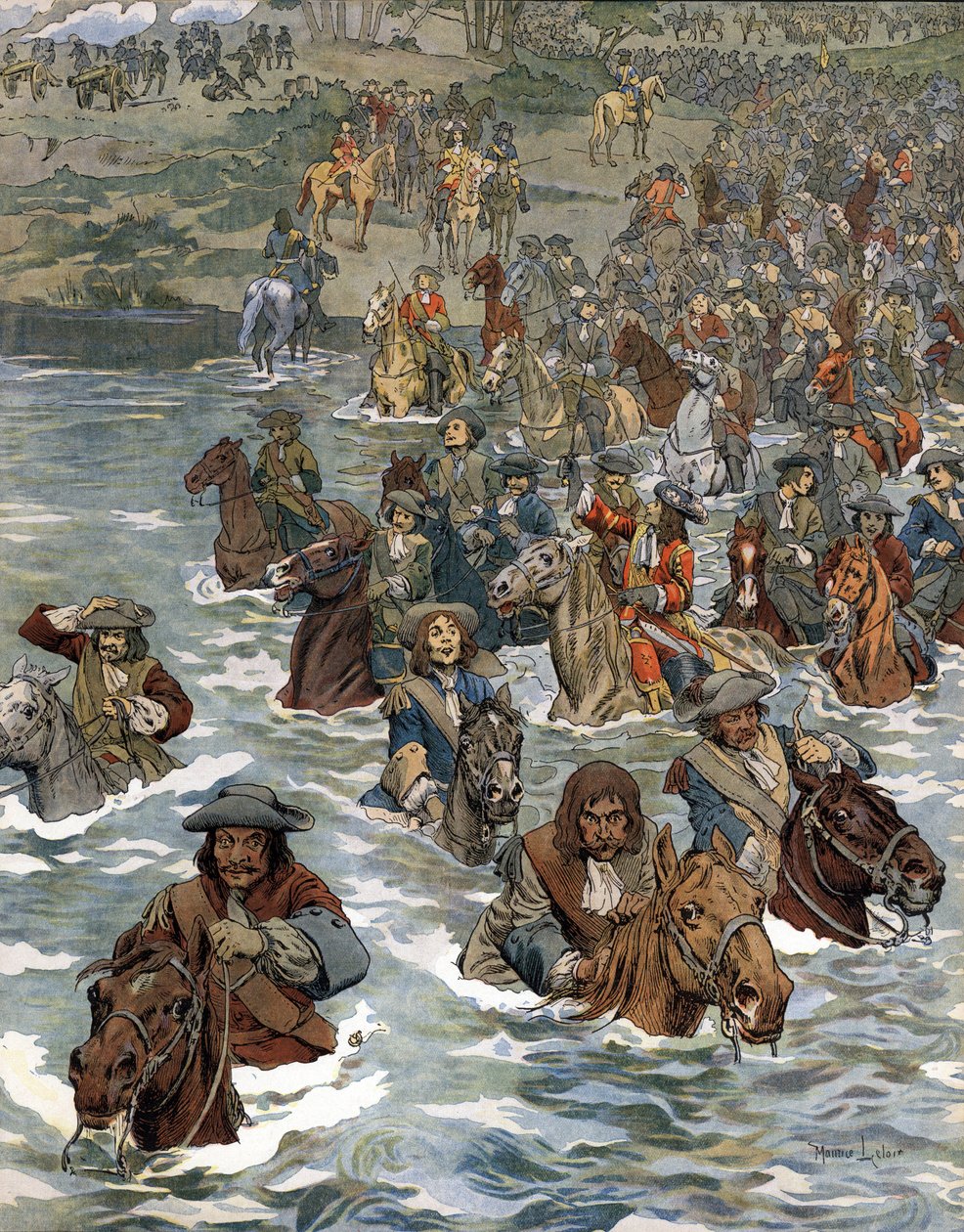 Průchod Rýnem (12. června 1672) vojsky Ludvíka XIV., známým jako Král Slunce (King Sun nebo Ludvík Veliký od Maurice Leloir