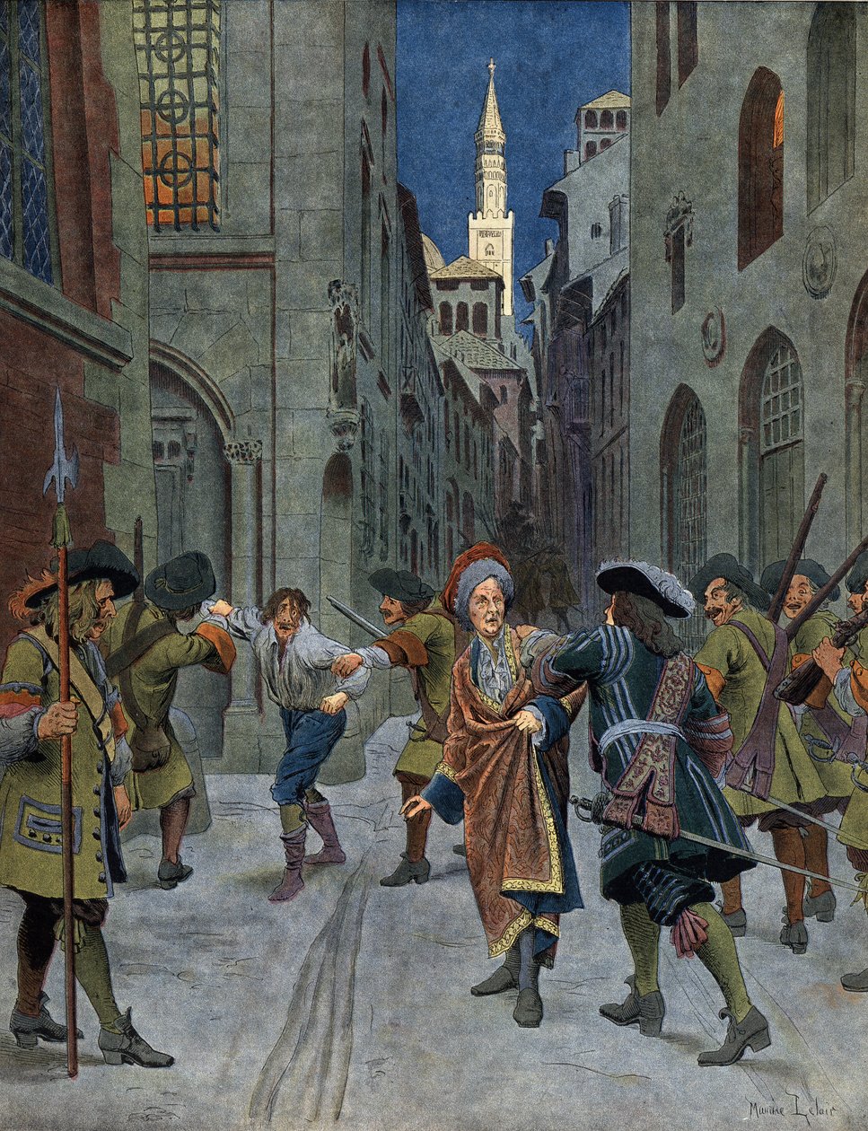 Válka o španělské dědictví: Zajetí Františka z Neufville de Villeroy (1644-1730) při dobytí Cremone (Cremona) vojsky prince Evžena (Eugene Francois de Savoie (1663-1736), v roce 1702. Chromotypografie v ""Le Roy Soleil"" ( od Maurice Leloir
