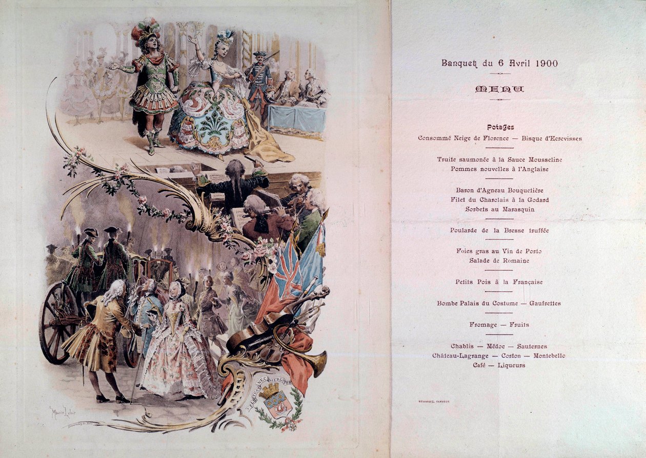 Svatební menu s ilustrací Maurice Leloira (1851-1940) plesů v kostýmech a galantes, 6.4.1900 od Maurice Leloir