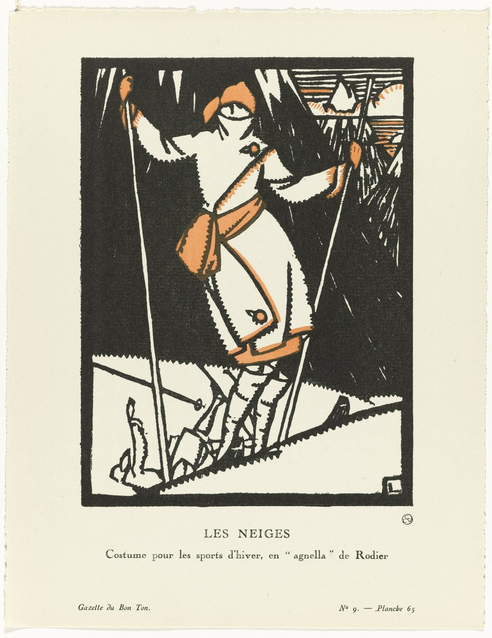 Gazette du Bon Ton, 1920 - č. 9, Pl. 65: Les Neiges / Kostým pro zimní sporty, enagnella od Rodiera od Maurice Leroy