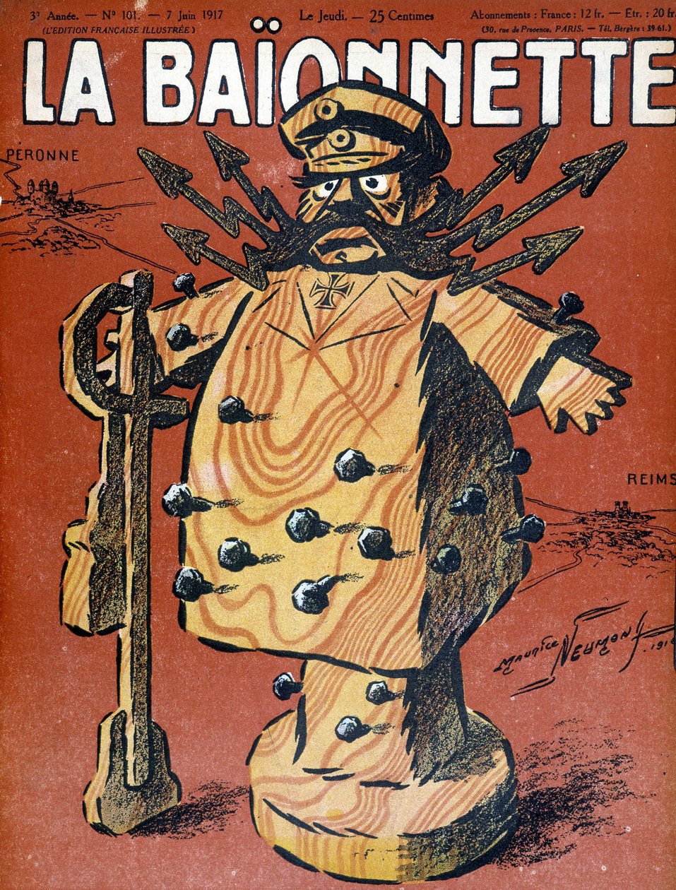 Cartoon of Hindenburg (1847 - 1934), německý marechal a státník. Ilustrace obálky novin „“La Baionnette““ z června 1917. od Maurice Louis Henri Neumont
