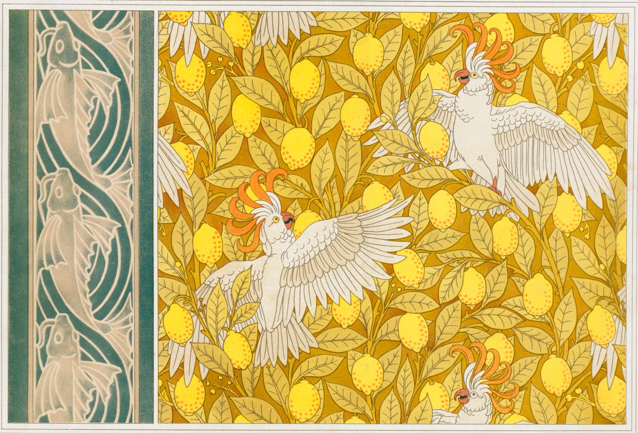 Design pro tapety Kakadu s citrony a tapety hranice s létajícími rybami, hospoda. 1897. od Maurice Pillard Verneuil