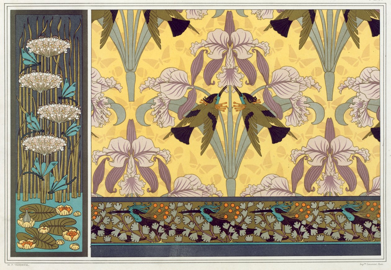 Design pro tapetový okraj, látku a panel: "Vážky; Lekníny a kvetoucí řev", Kolibříci a orchideje" a Kolibříci a kapradina panenská" od 