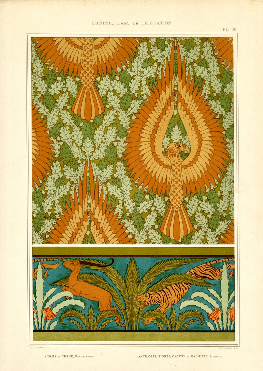 Orli a exotická fauna v secesi (litografie) od Maurice Pillard Verneuil