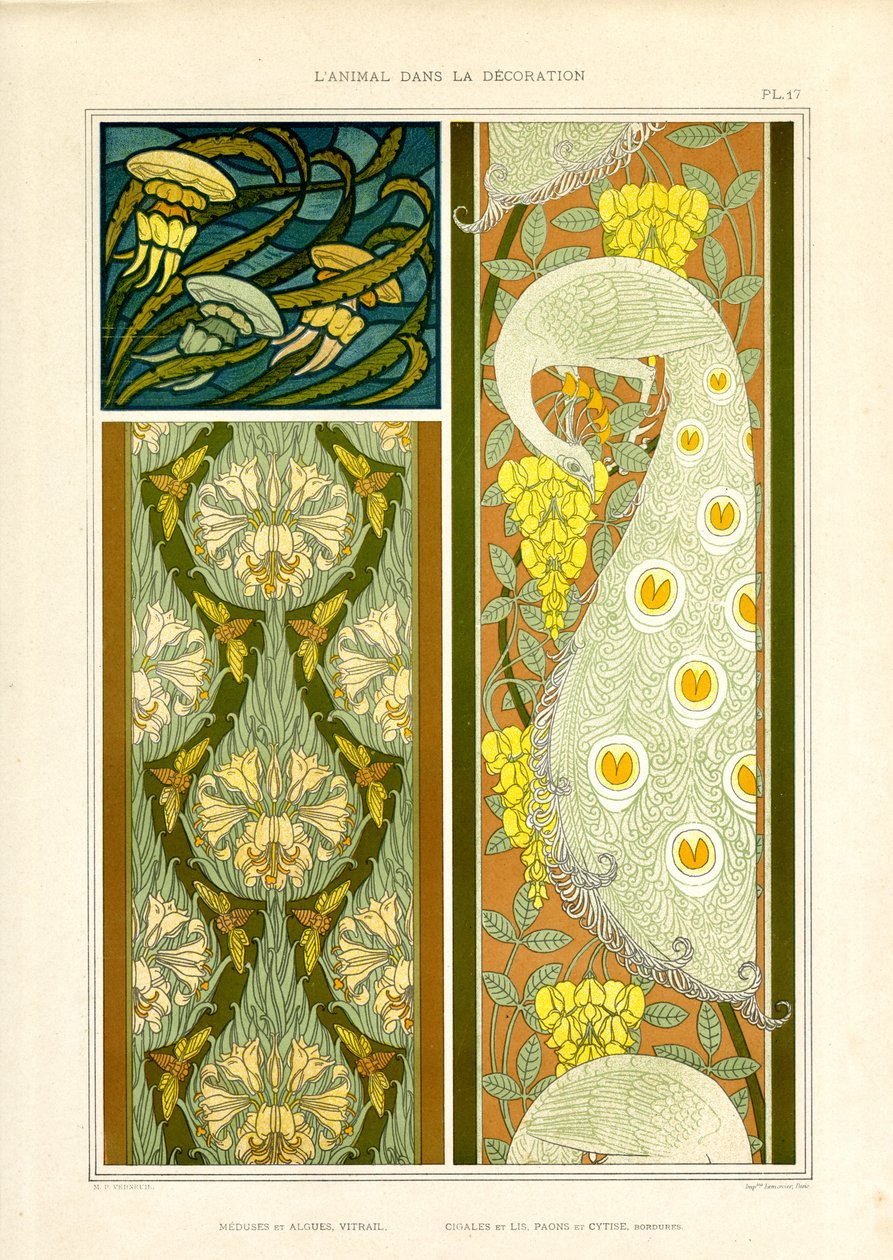 Ornamentální kompozice s mořskými živočichy, cikádami a pávem (litografie) od Maurice Pillard Verneuil