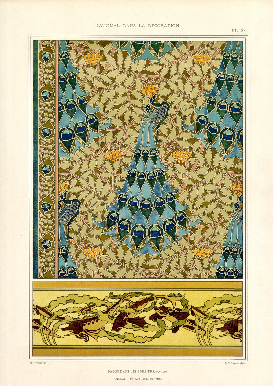 Pávi a ryby v secesním ornamentu (litografie) od Maurice Pillard Verneuil