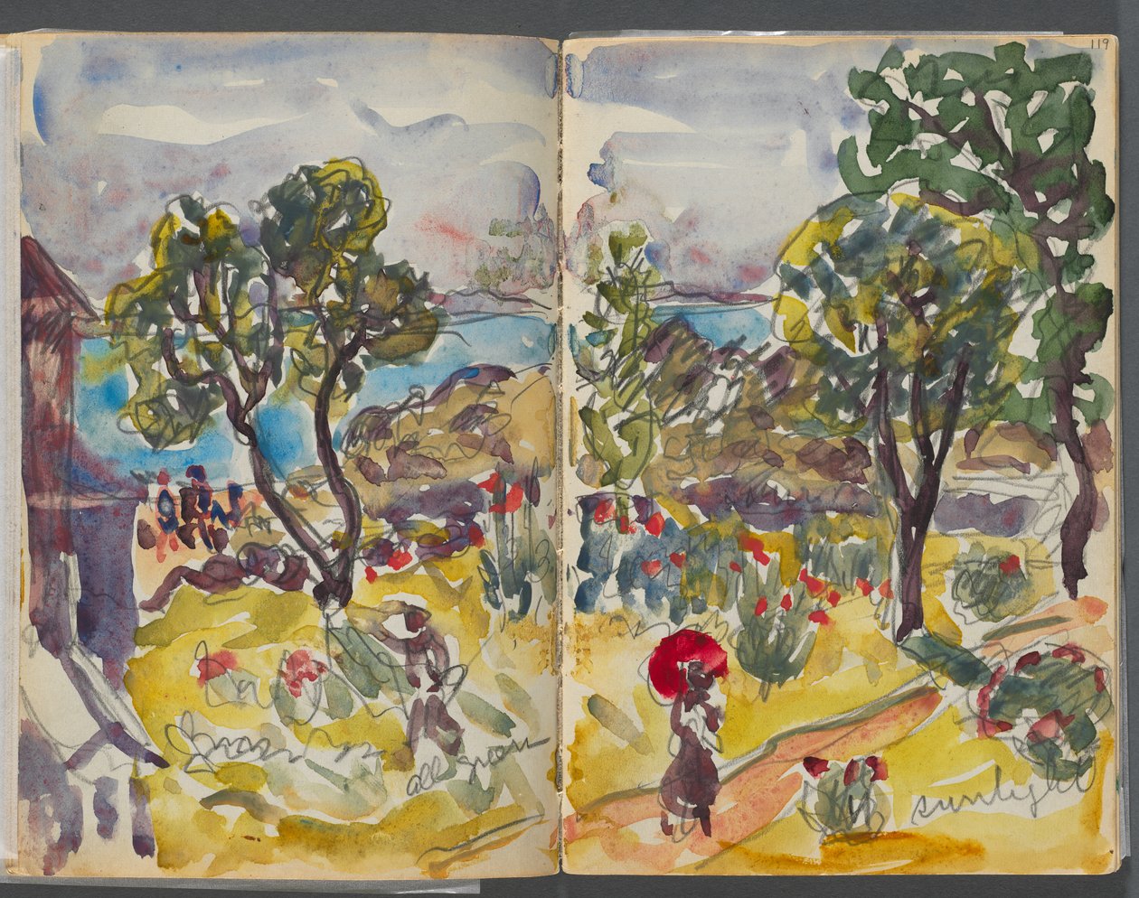 Skicář - The Granite Shore Hotel, Rockport, strany 118 a 119: pohled do zahrady s poznámkami od Maurice Prendergast