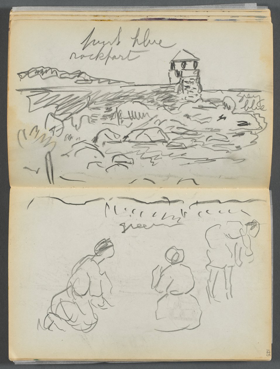 Skicář - Hotel Granite Shore, Rockport, strana 124 a 125: Rockportský maják a postavy na pobřeží od Maurice Prendergast