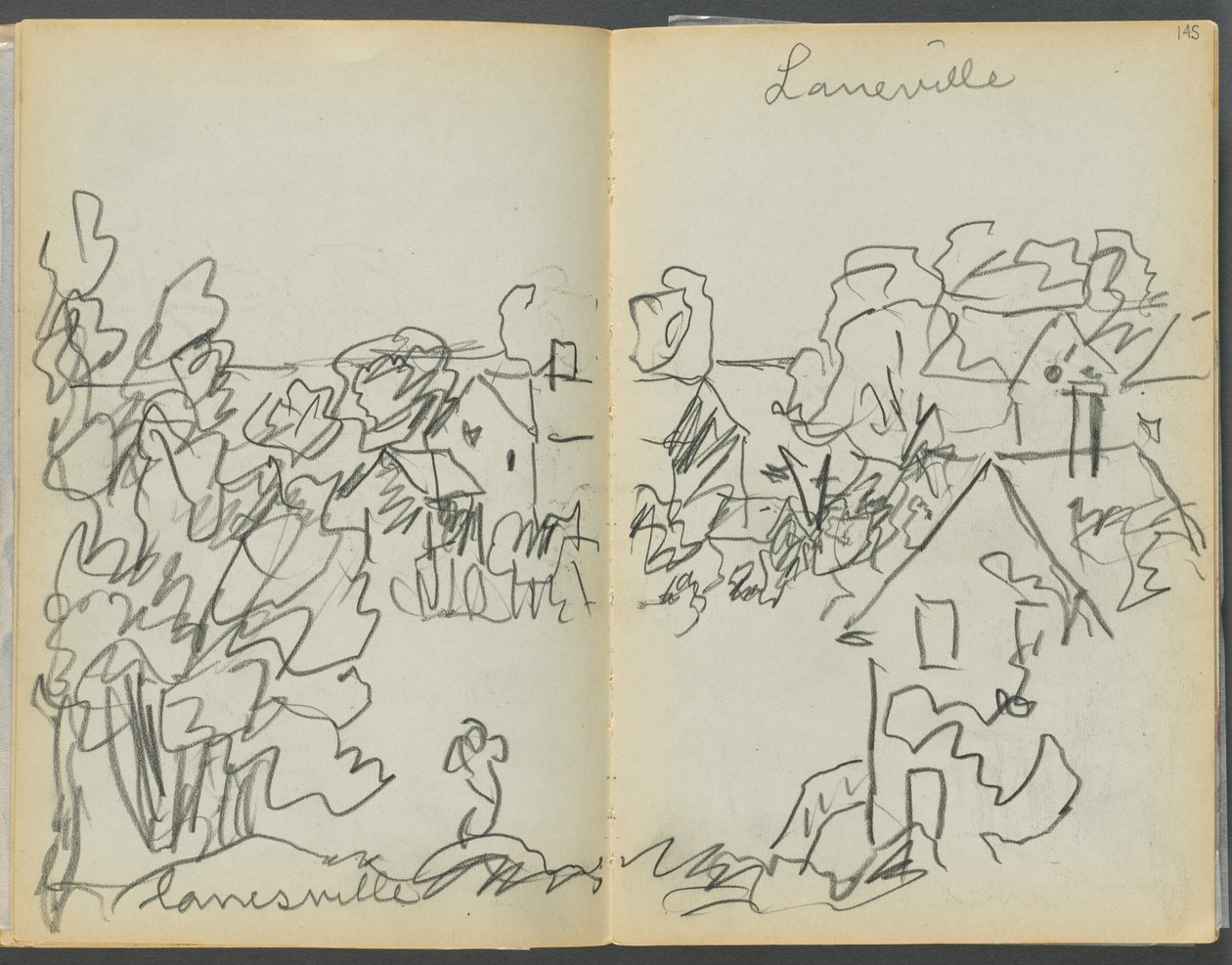 Skicář - Hotel Granite Shore, Rockport, strana 144 a 145: "Lanesville" od Maurice Prendergast
