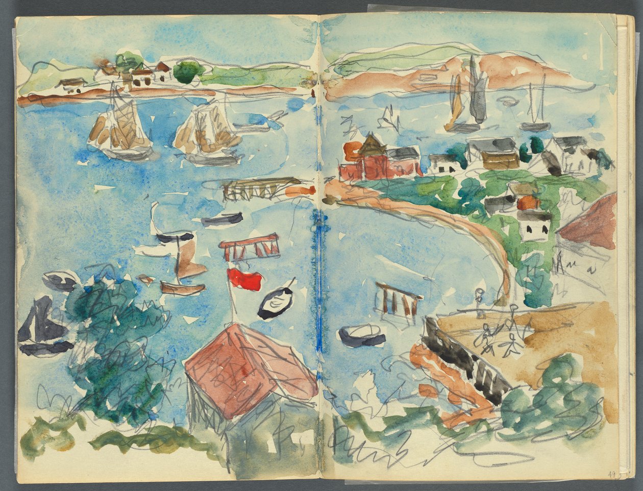 Skicář, The Dells, č. 127, strany 048 a 49: Pohled na zátoku shora od Maurice Prendergast